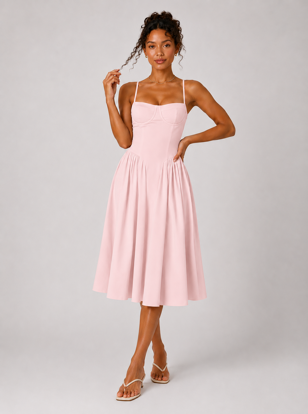 FRANCESCA | Vestido midi azul marino con escote corazón y bolsillos ocultos