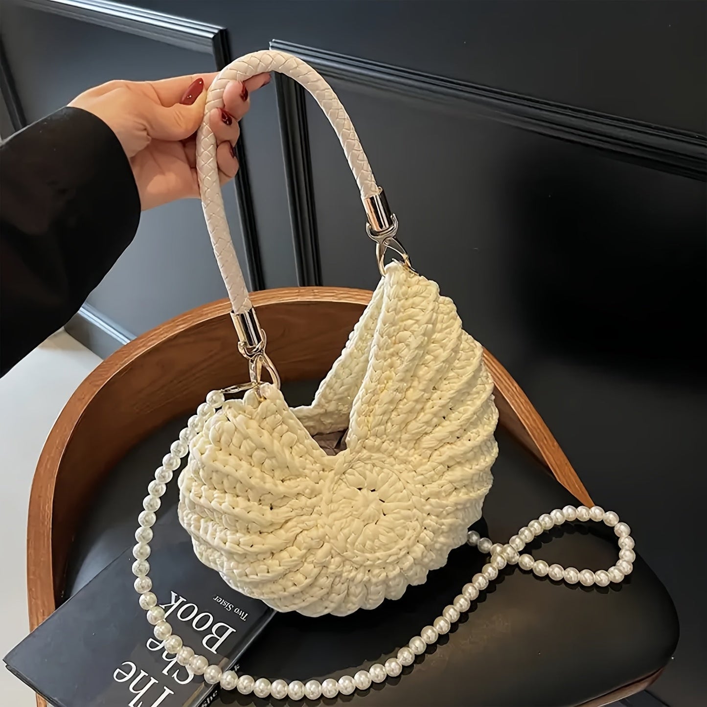 TAMARA | Bolso tote trenzado con correa de cadena - Blanco crema