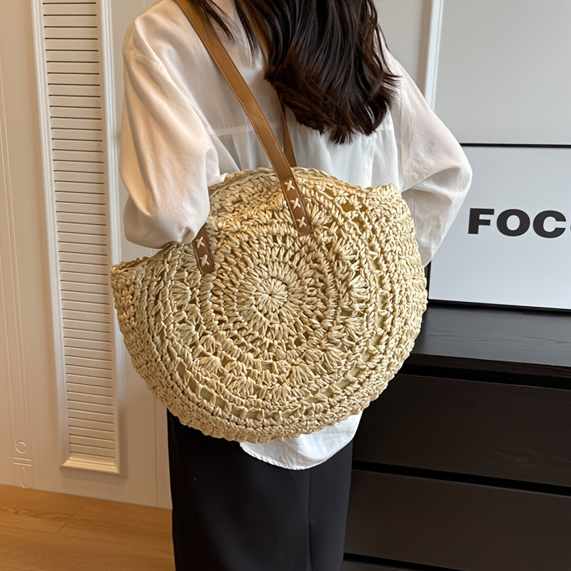 LUCIA | Bolso redondo de paja trenzada con motivo — Beige natural