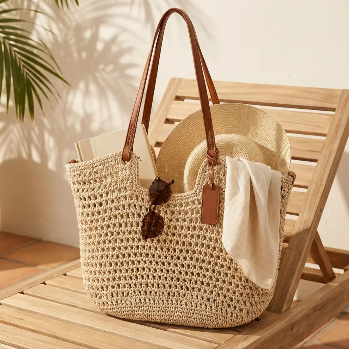 ALINA | Bolso shopper trenzado a mano con ganchillo - Beige claro