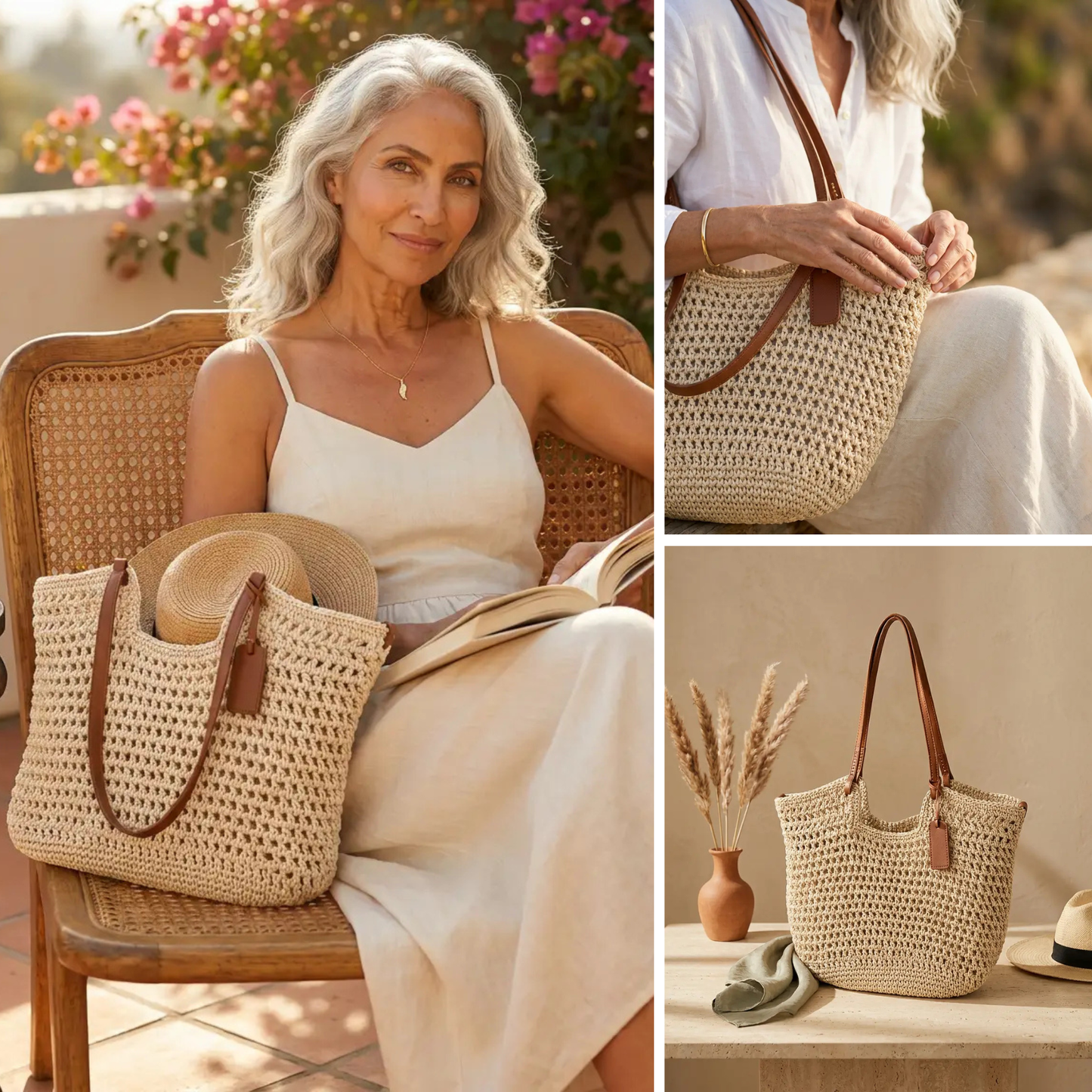 ALINA | Bolso shopper trenzado a mano con ganchillo - Beige claro