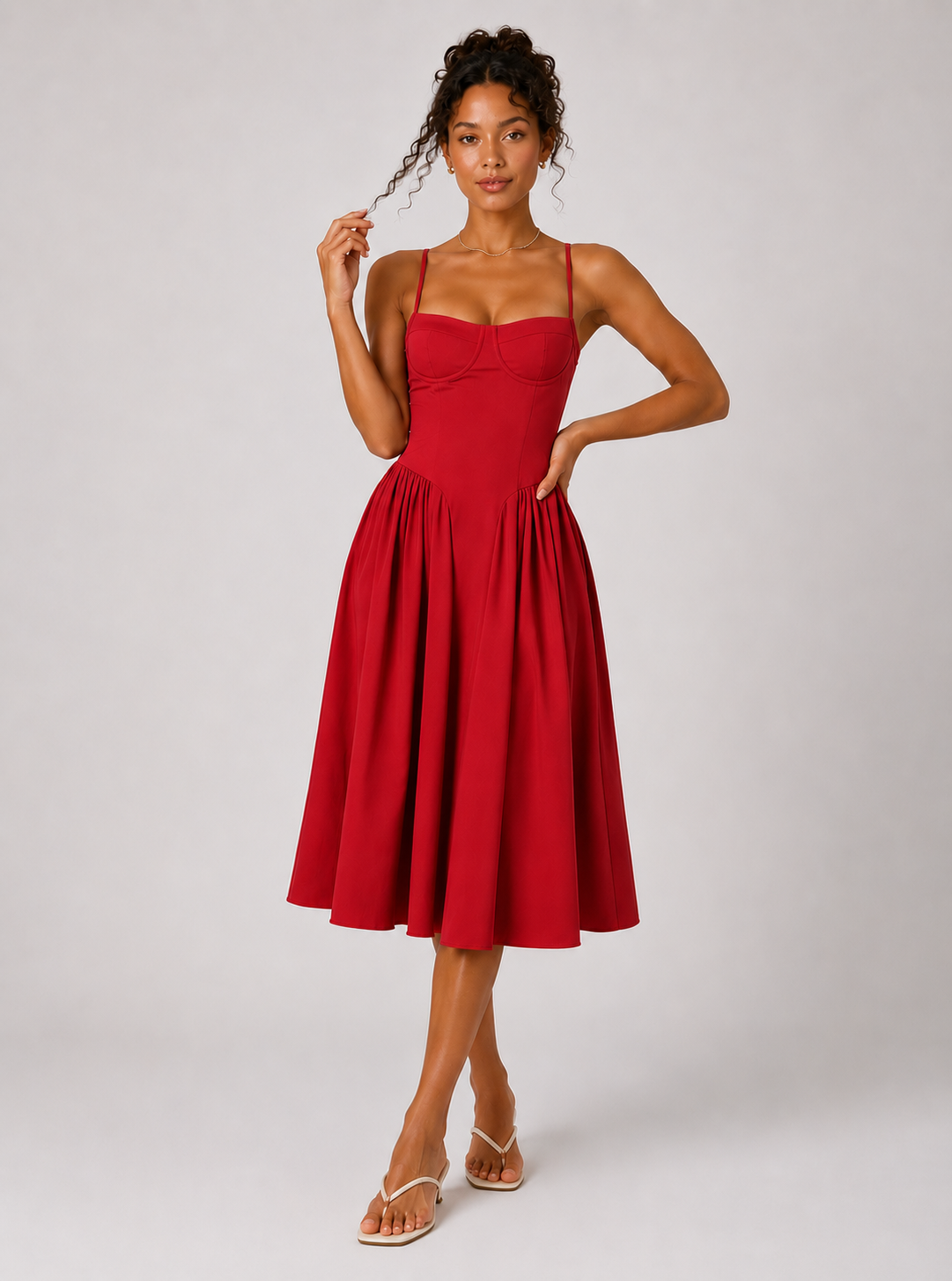 FRANCESCA | Vestido midi azul marino con escote corazón y bolsillos ocultos