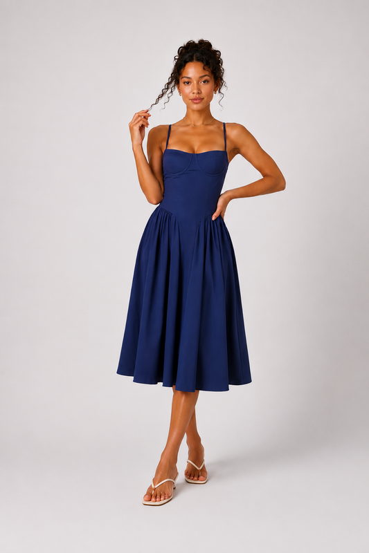 FRANCESCA | Vestido midi azul marino con escote corazón y bolsillos ocultos