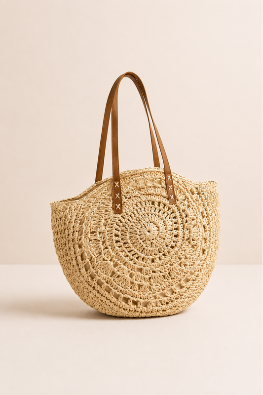 LUCIA | Bolso redondo de paja trenzada con motivo — Beige natural