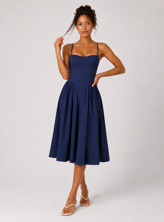 FRANCESCA | Vestido midi azul marino con escote corazón y bolsillos ocultos