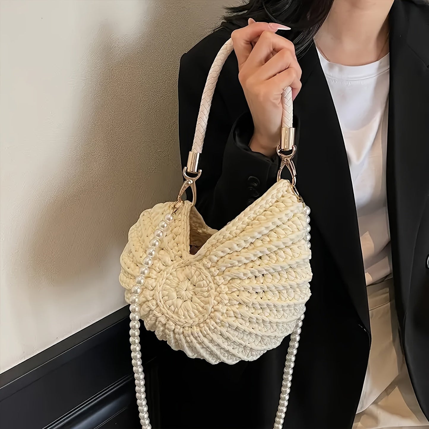 TAMARA | Bolso tote trenzado con correa de cadena - Blanco crema