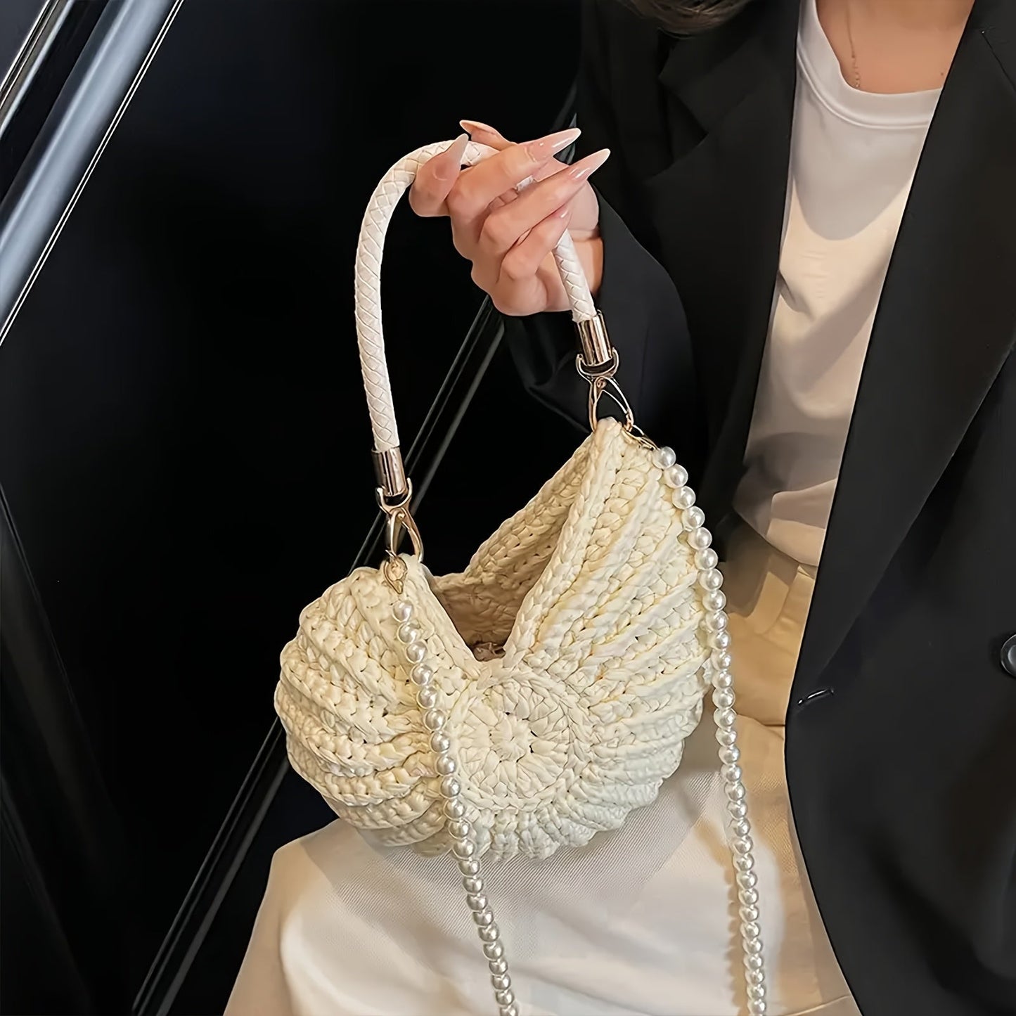 TAMARA | Bolso tote trenzado con correa de cadena - Blanco crema