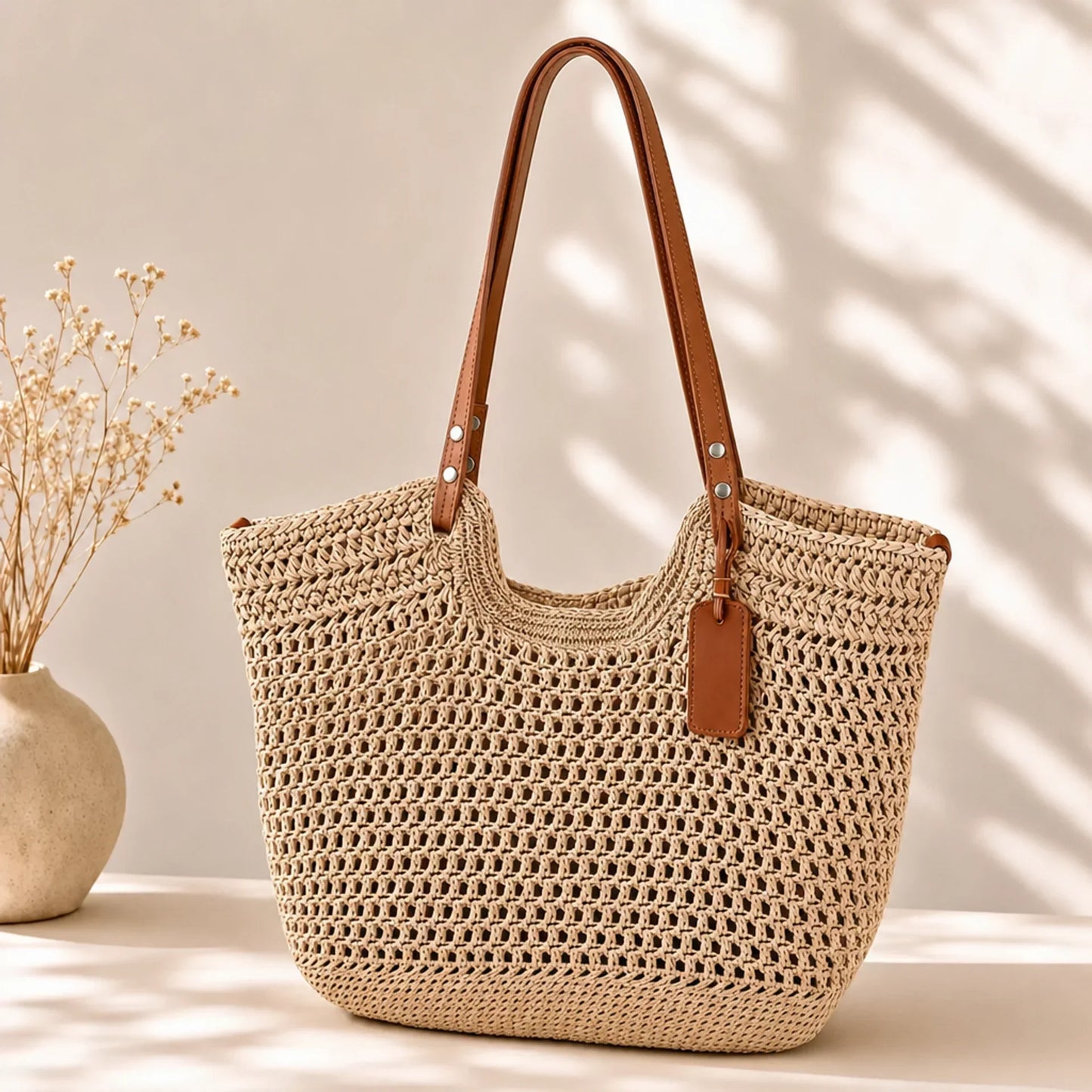ALINA | Bolso shopper trenzado a mano con ganchillo - Beige claro